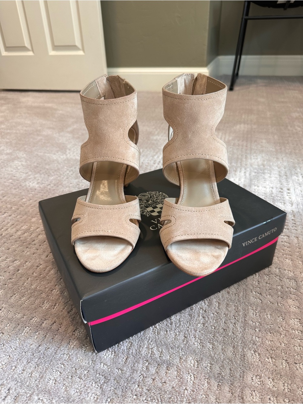 Vince Camuto Taupe Suede Open-Toe Cutout Ankle Heels